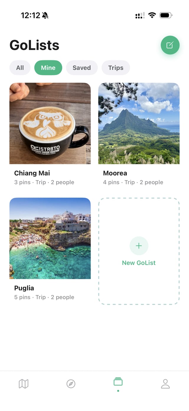 GoLists screen with trip lists for Chiang Mai, Moorea and Puglia