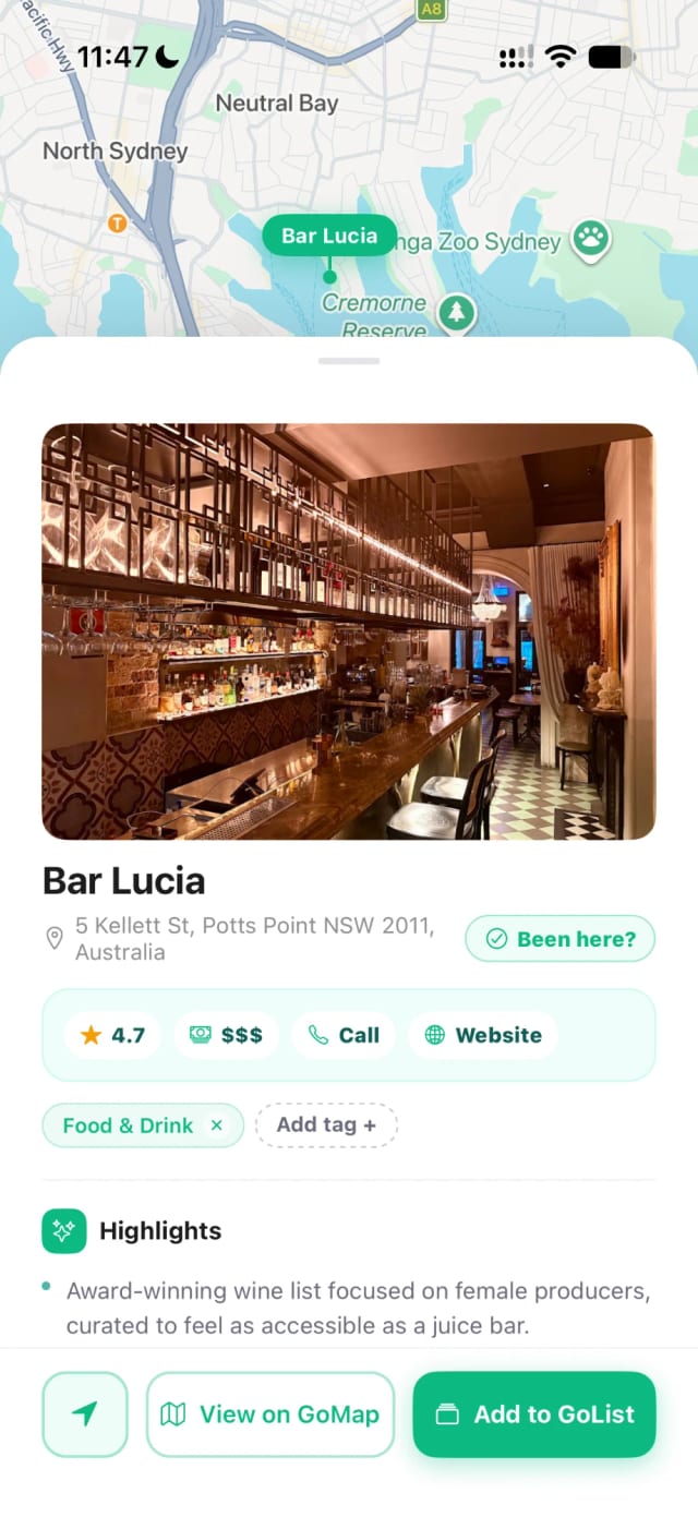 Bar Lucia in Sydney saved in GoList, with photo, address, rating, price level, call and website buttons, and highlights