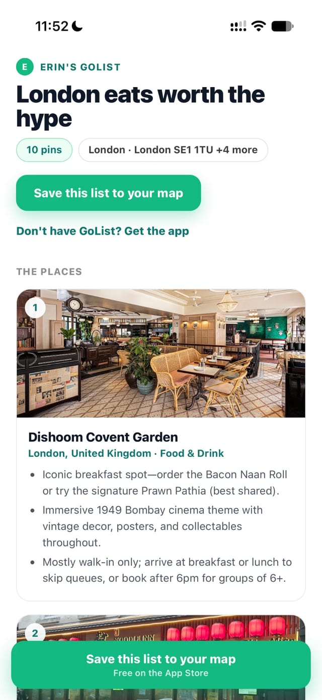 A shared GoList, London eats worth the hype, open in a phone browser with a Save this list to your map button