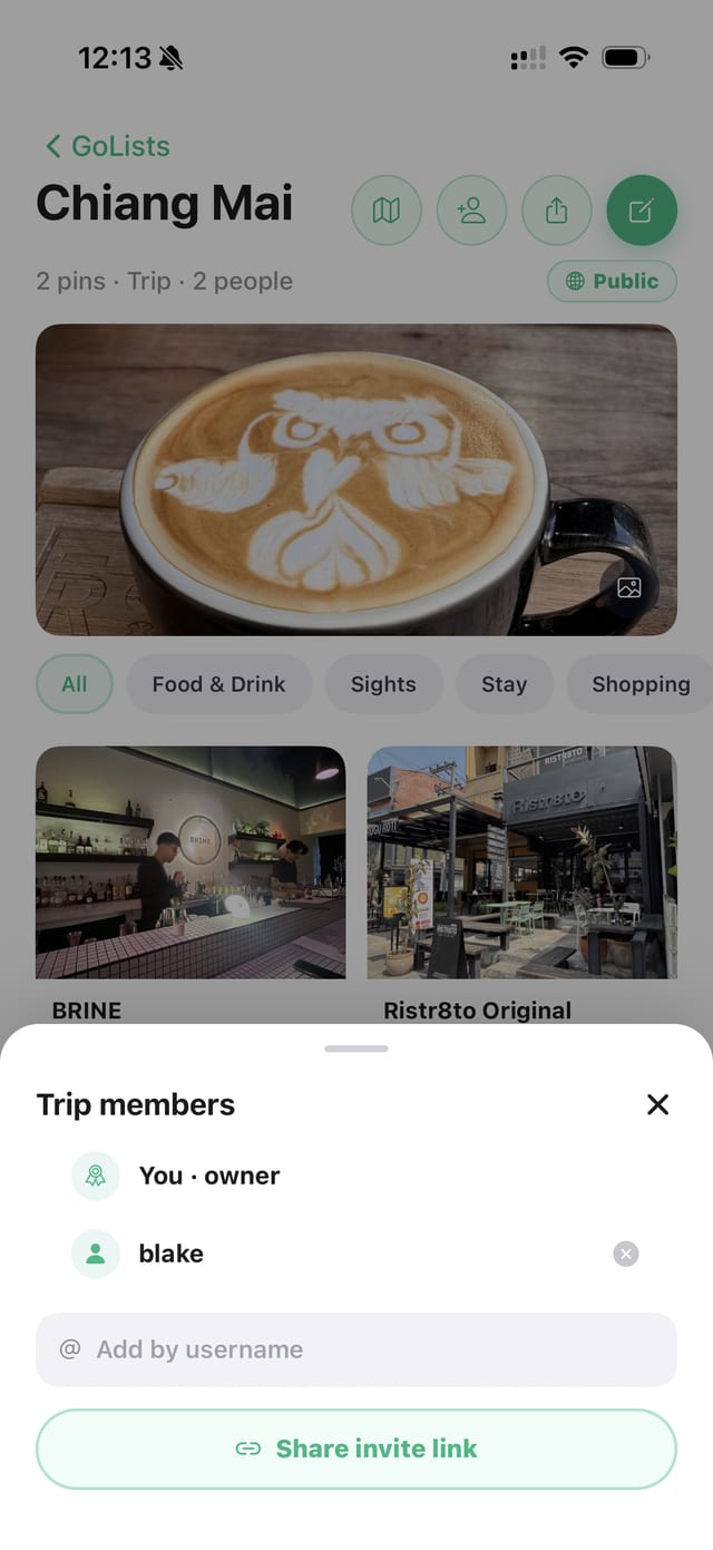 Trip members sheet showing the owner and a friend, with add by username and share invite link